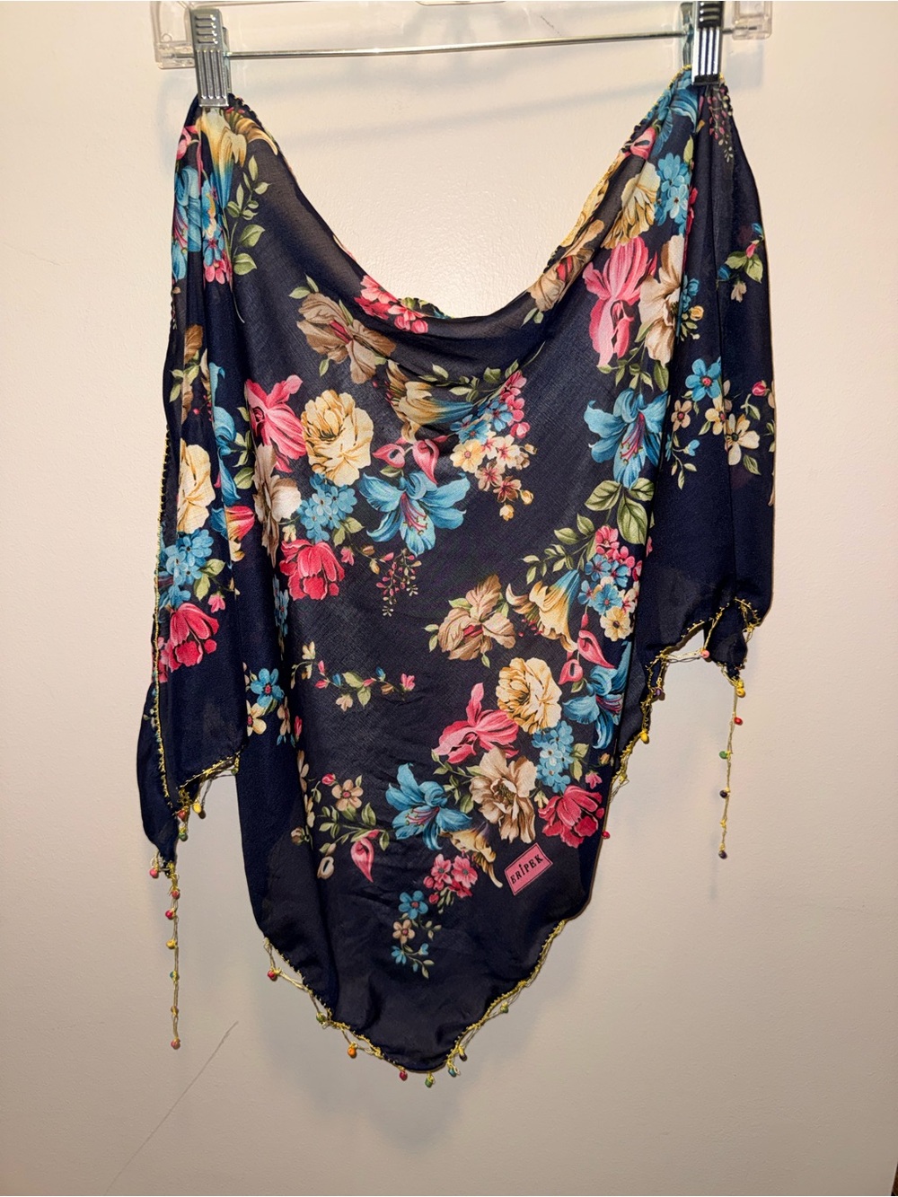 Floral Beaded-Edge Navy Wrap Scarf
